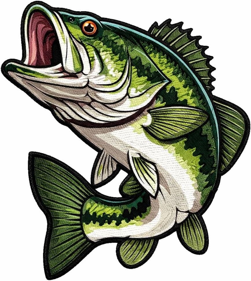 Bass Fish Iron On Patch – Freshwater Fishing Patch for Jackets, Backpacks, Hats, and Outdoor DIY Projects